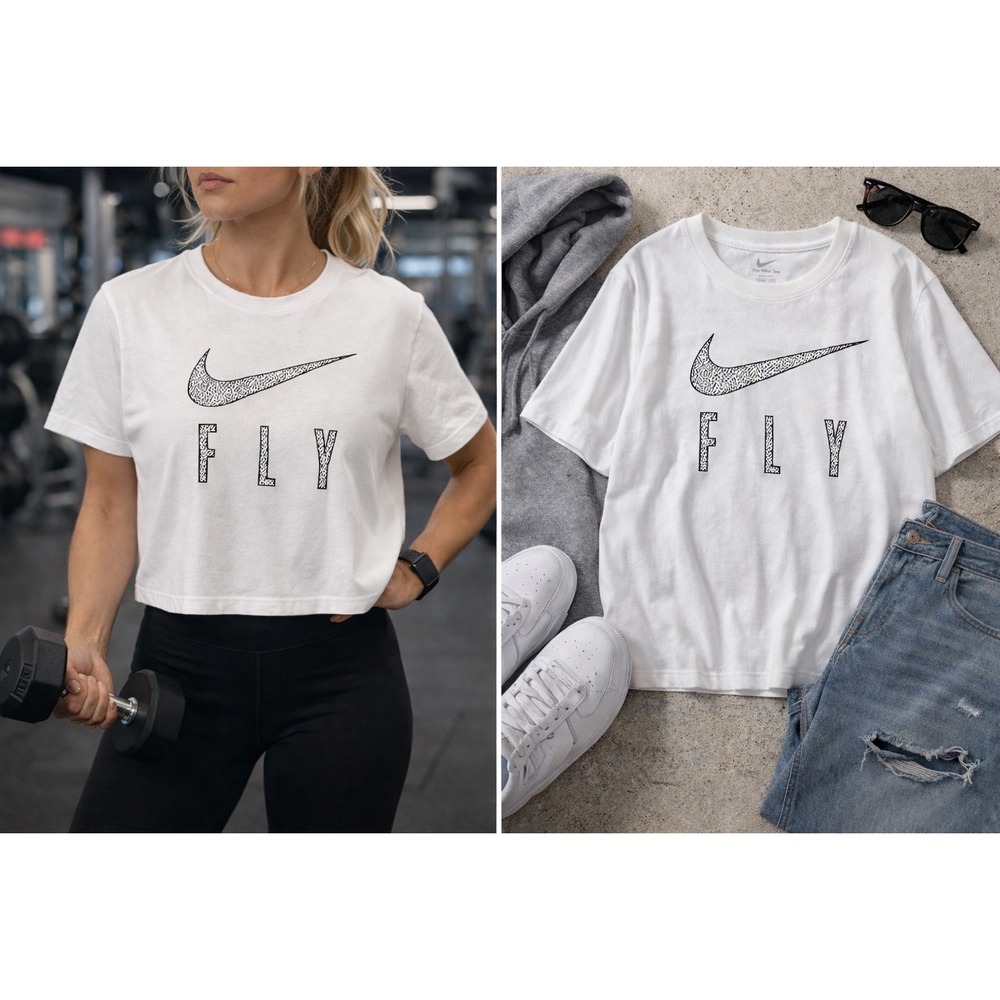 Nike FLY Cropped Graphic Tee White Dri-Fit Minimal Streetwear Athleisure Shirt